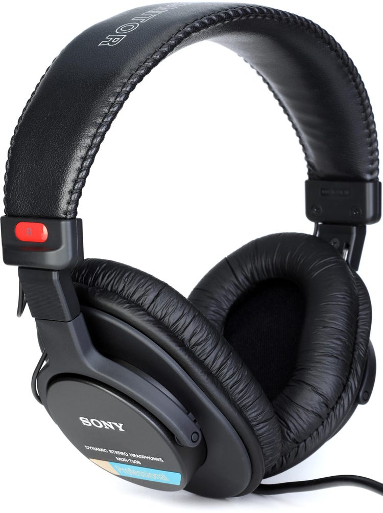 Black Sony MDR-7506 over-ear monitoring headphones.