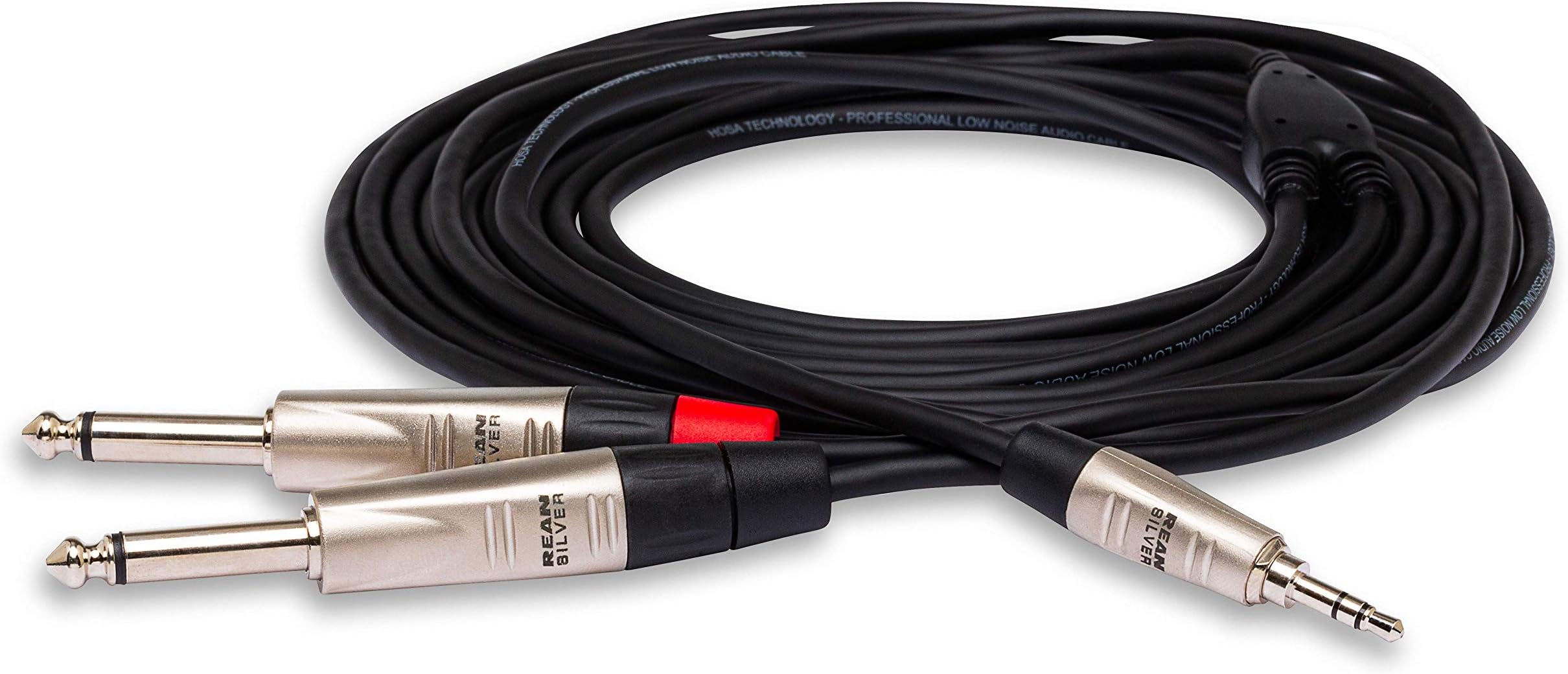 Hosa HMP-003Y cable with one 3.5 mm TRS plug and two quarter-inch TS plugs.