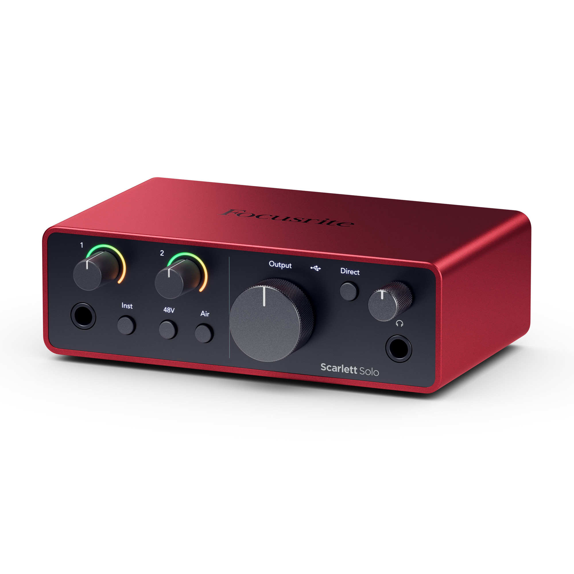 Red Focusrite Scarlett Solo 4th Generation audio interface, showing its front controls.